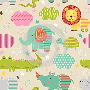 Seamless pattern with baby jungle animals