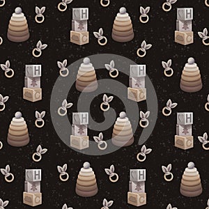 Seamless pattern with baby teether, pyramid and cubes