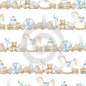Seamless Pattern with Baby Toys. Hand drawn watercolor background in pastel blue and beige colors for wrapping paper or