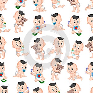 Seamless pattern with babys doing the activities