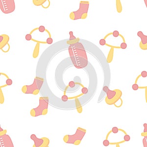 Seamless pattern for babyshower. Feeding bottles, pacifier, baby socks