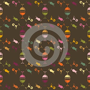 Seamless pattern background alcoholic beverages. The colorful drinks on a dark background vector