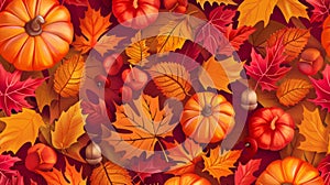 Seamless pattern background with autumn leaves, pumpkins and acorns, in vibrant hues of red, orange, and yellow.