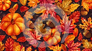 Seamless pattern background with autumn leaves, pumpkins and acorns, in vibrant hues of red, orange, and yellow.