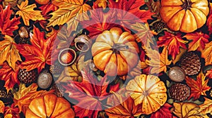 Seamless pattern background with autumn leaves, pumpkins and acorns, in vibrant hues of red, orange, and yellow.