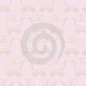 Seamless pattern background baby carriage for doughter. Baby girl wallpaper. Pink textile. Buggy vector.
