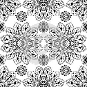 Seamless pattern background with black and white mehndi henna lace buta decoration items in Indian style.