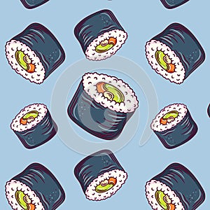 Seamless pattern background with bright cute sushi hand drawn doodles. Asianfood. Contour drawing with outline, asian