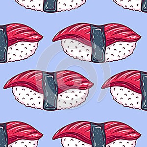 Seamless pattern background with bright cute sushi hand drawn doodles. Asianfood. Contour drawing with outline, asian