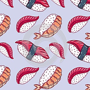 Seamless pattern background with bright cute sushi hand drawn doodles. Asianfood. Contour drawing with outline, asian