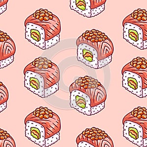 Seamless pattern background with bright cute sushi hand drawn doodles. Asianfood. Contour drawing with outline, asian