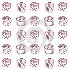 Seamless pattern background with bright cute sushi hand drawn doodles. Asianfood. Contour drawing with outline, asian