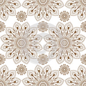 Seamless pattern background with brown and white mehndi henna lace buta decoration items in Indian style