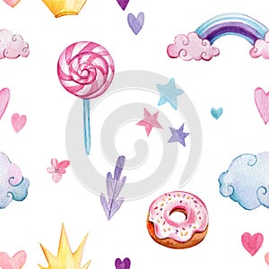 Seamless pattern, background with cloud, rainbow and sweets watercolor drawing
