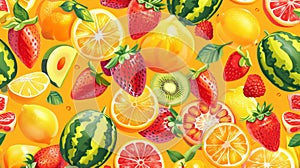 Seamless pattern background with colorful fresh summer fruits such oranges, lemons, strawberries, and watermelons.