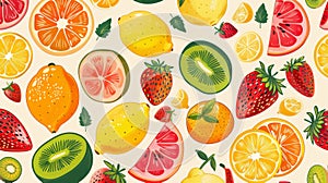 Seamless pattern background with colorful fresh summer fruits such oranges, lemons, strawberries, and watermelons.