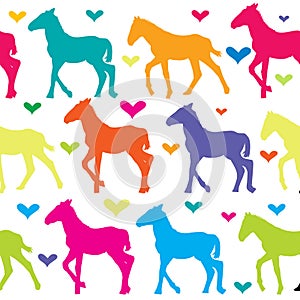 Seamless pattern background with colorful silhouette of foals
