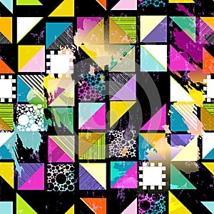 Seamless pattern background, composition with squares, triangles, stripes, paint strokes and splashes