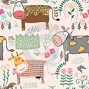 Seamless pattern background with cow. Vector illustration.