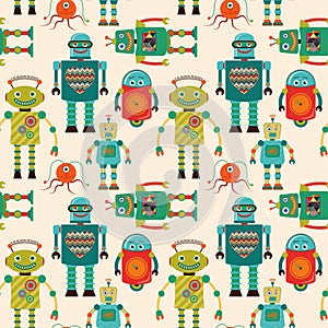 Seamless Pattern Background with Cute Retro Robots