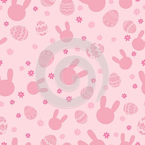 Seamless pattern background for Easter design with cute decorated easter eggs, rabbit and flower