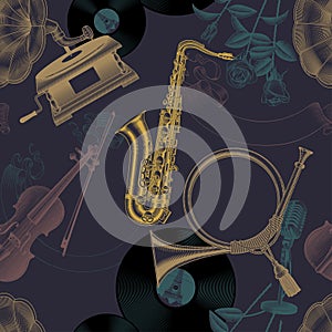 Seamless pattern background with engraved vintage drawing of musical instruments