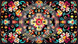 Seamless pattern background with ethnic colorful design on black backdrop