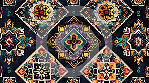 Seamless pattern background with ethnic colorful design on black backdrop