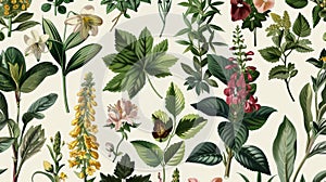 Seamless pattern background featuring a collection of vintage botanical illustrations with flowers and leaves in muted colors.