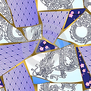 Seamless pattern background with fragments of broken ceramics with oriental ornaments