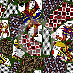 Seamless pattern background with fragments of torn playing cards