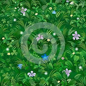 Seamless pattern background of a green meadow with plants and flowers covered with dew