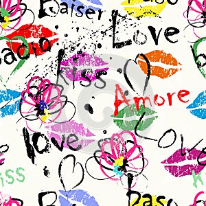 Seamless pattern background, grungy love concept with strokes, splashes, word/letter and mouth