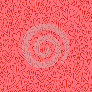 Seamless pattern background with hand drawn heart outline doodles. Cute simple romantic background with hearts icons for