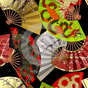 Seamless pattern background japanese and chinese colorful fans