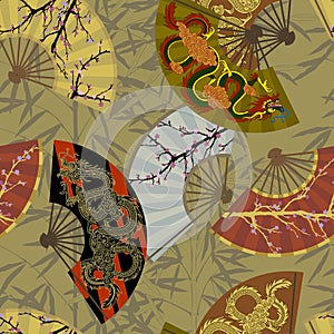 Seamless pattern background japanese and chinese fans with bamboo stem with leaves