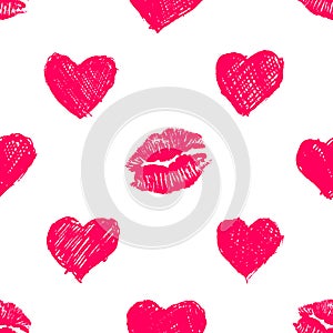 Seamless pattern background with lipsticks prints and doodle hea