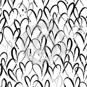 Seamless pattern background, love concept with hearts, paint strokes and splashes, black and white