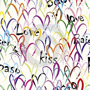 Seamless pattern background, love concept with hearts, words, letter, paint strokes and splashes