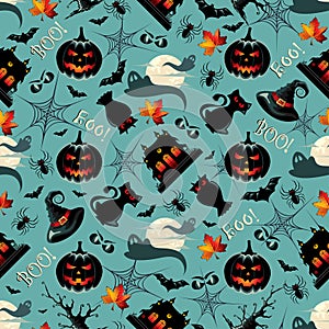 Seamless Pattern Background with many Halloween Symbols