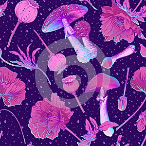Seamless pattern, background with miraculous, hallucinogenic plants photo