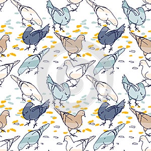 Seamless pattern background. Pigeons hand drawn silhouettes