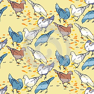 Seamless pattern background. Pigeons hand drawn silhouettes