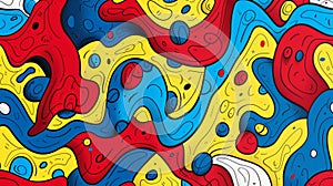 Seamless pattern background pop art in the colors: red, blue, white, black and yellow.