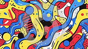 Seamless pattern background pop art in the colors: red, blue, white, black and yellow.