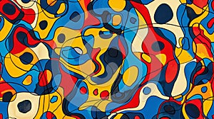 Seamless pattern background pop art in the colors: red, blue, white, black and yellow.