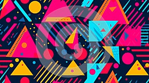 Seamless pattern background of retro vibrant pattern composed of geometric shapes in neon colors. Triangles, circles and squiggly