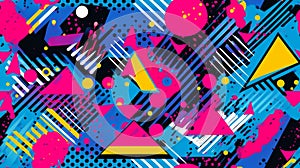 Seamless pattern background of retro vibrant pattern composed of geometric shapes in neon colors. Triangles, circles and squiggly