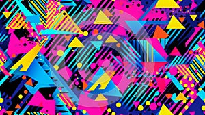 Seamless pattern background of retro vibrant pattern composed of geometric shapes in neon colors. Triangles, circles and squiggly