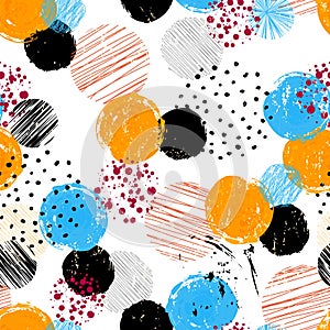 Seamless pattern background, retro/vintage style, with circles, paint strokes and splashes